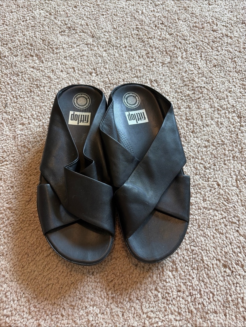 Fitflop Womens Kys Cross Slide Sandals Solid Black Leather Slip On Strappy US 7